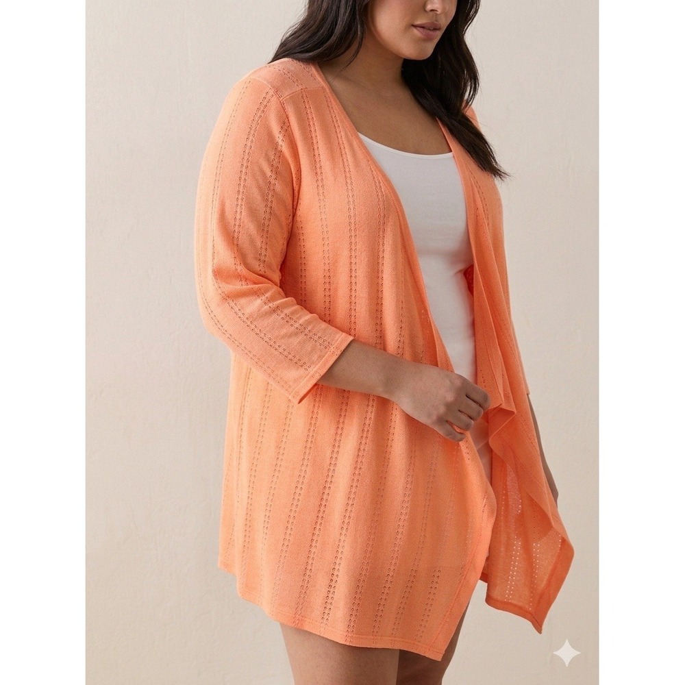 Fresh Produce 1X Cardigan Open Front Draped 3/4 Sleeve Peach Lace Knit Coastal